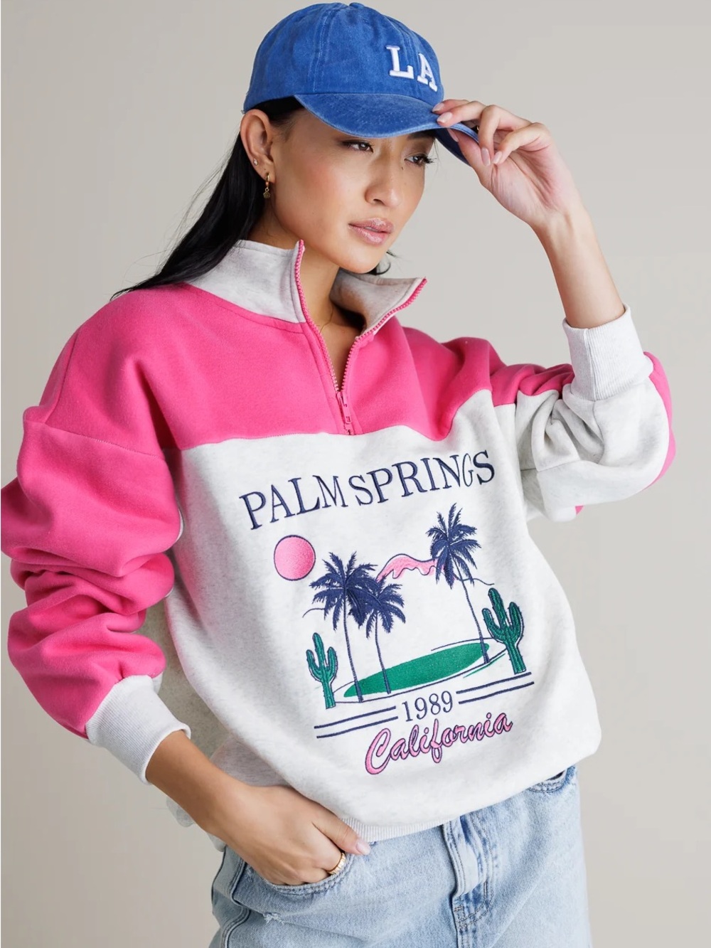 Palm Springs Embroidered Quarter Zip Color Block Retro Fleece Lined Sweatshirt L